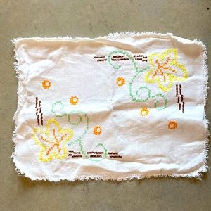 Antique pioneer tea towel from a real pioneer woman embroidered. Orange yellow